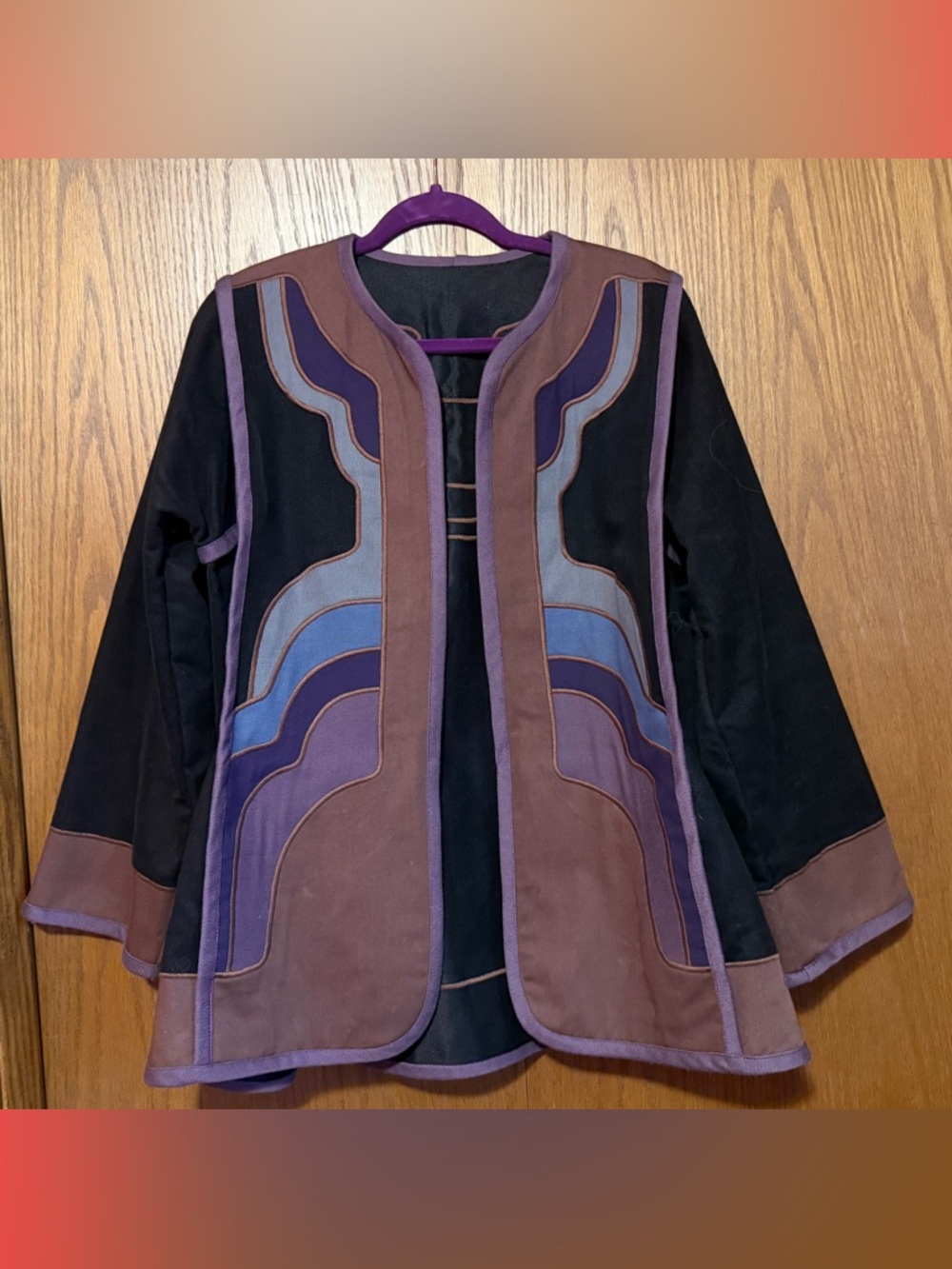 Vintage Art Deco-Style Purple & Black Mixed-Panel Open Front Jacket